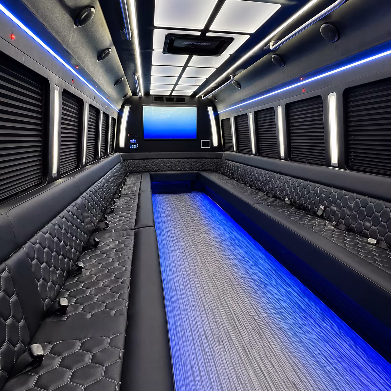 queens 50 passenger party bus inside